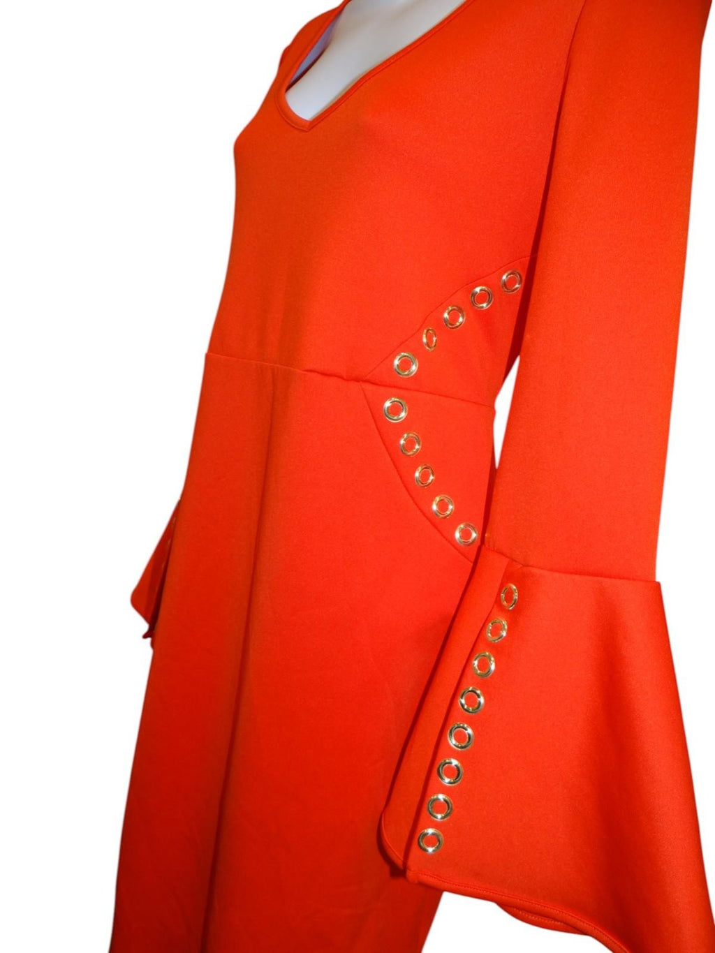 Stylish Bell Sleeve V-Neck Dress - Vibrant Orange