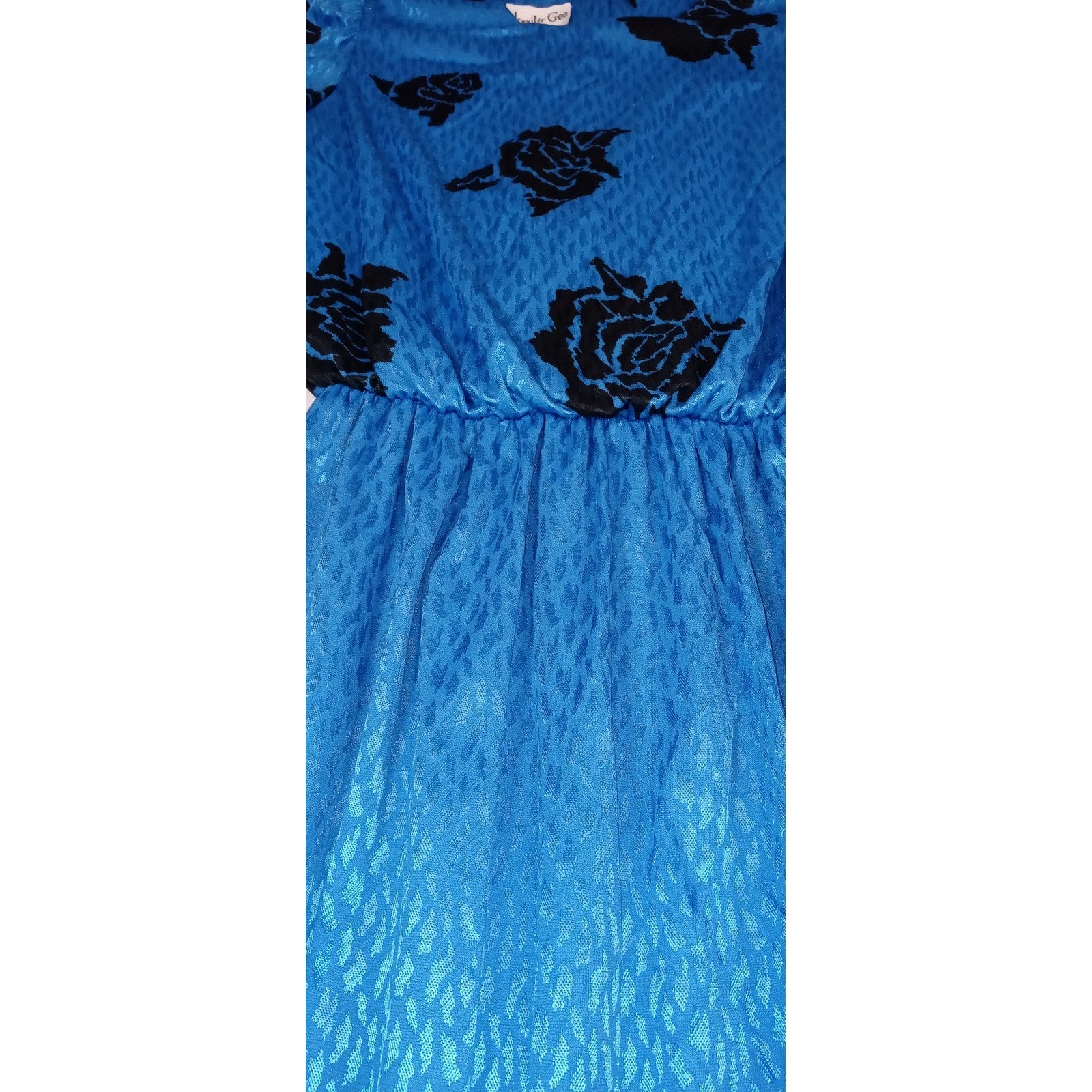 VTG Dress Union Made Blue Black Rose Print Midi Long Sleeve Elastic Waist J Gee