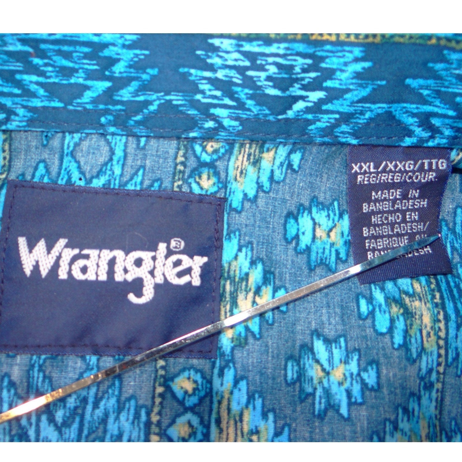 Wrangler Mens Blue Southwestern Geometric Pearl Snap Western Shirt XXL