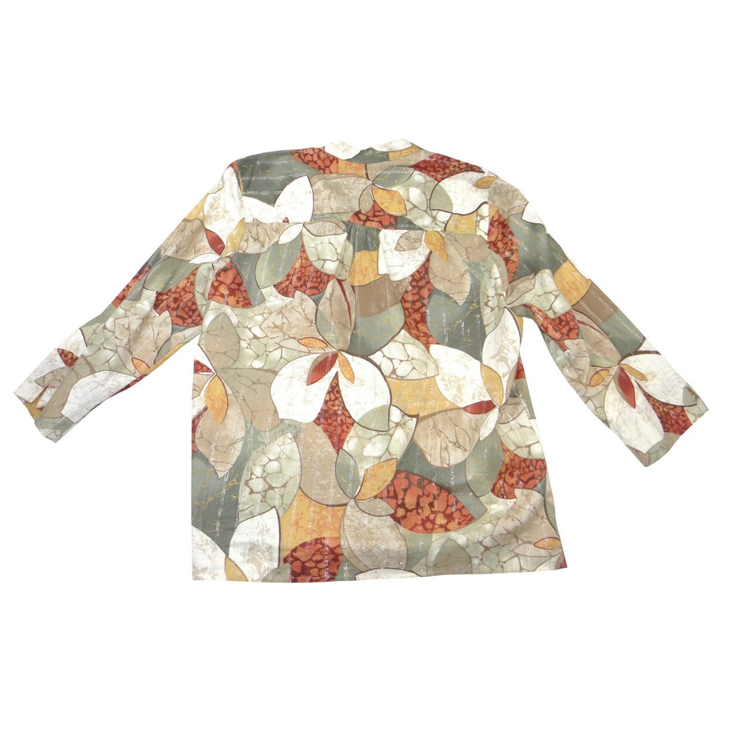 Alfred Dunner Vintage Women Sz 12 Floral Button Front Blouse Metallic Green Rust