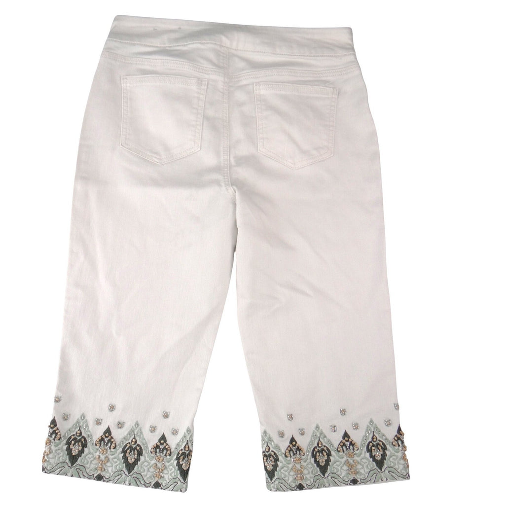 Chicos Pull On Capri Pants Cream Beaded Embroidered Hem Womens Size 1.5 US 10