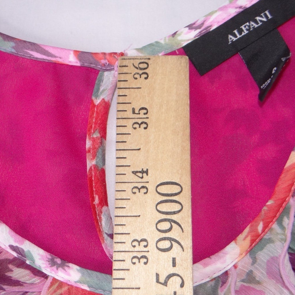 Alfani Womens Red Pink Purple Floral Ruffle Neck Chiffon Shift Dress Size 4