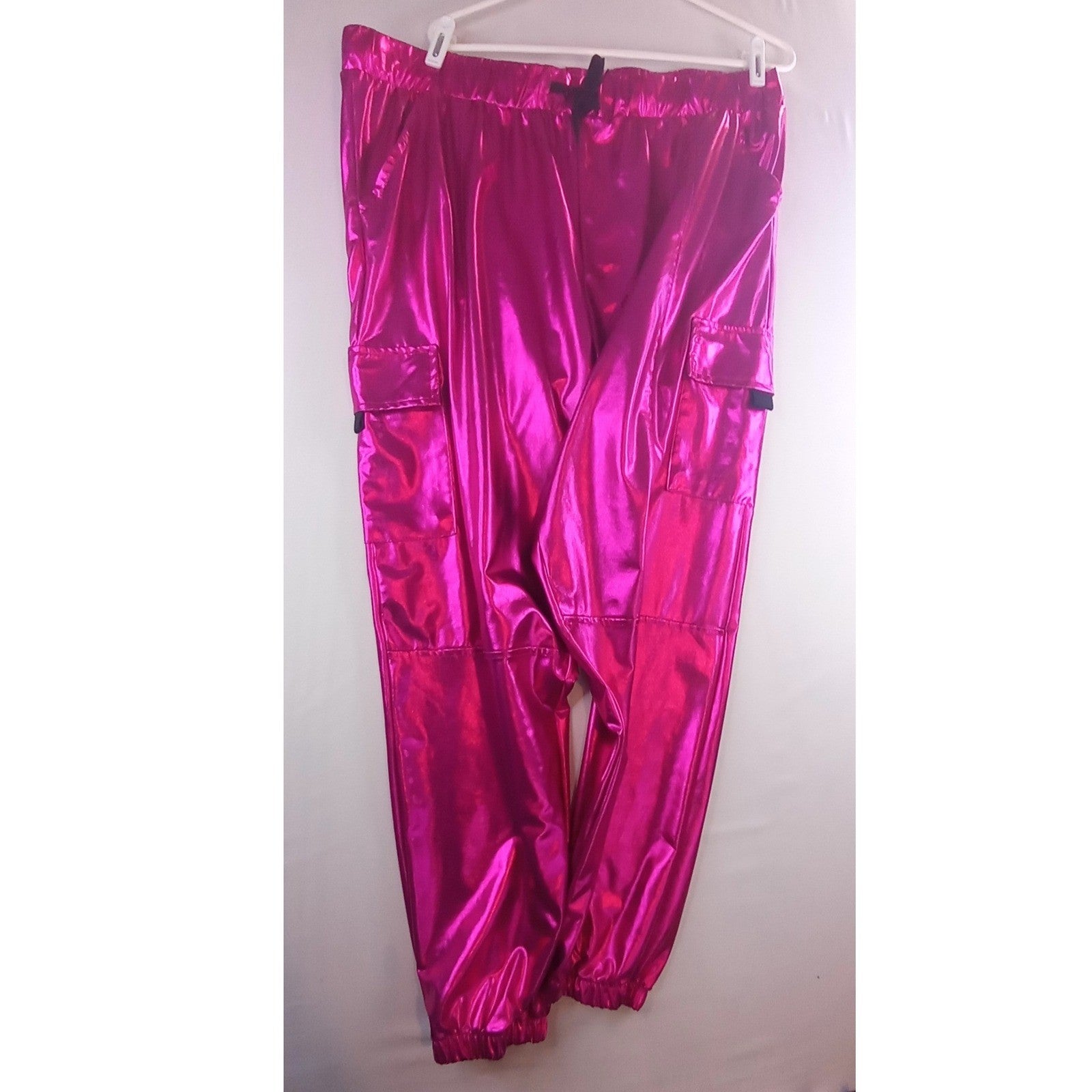 Womens Shiny Pink Cargo Joggers Metallic Shiny Pants Festival Rave