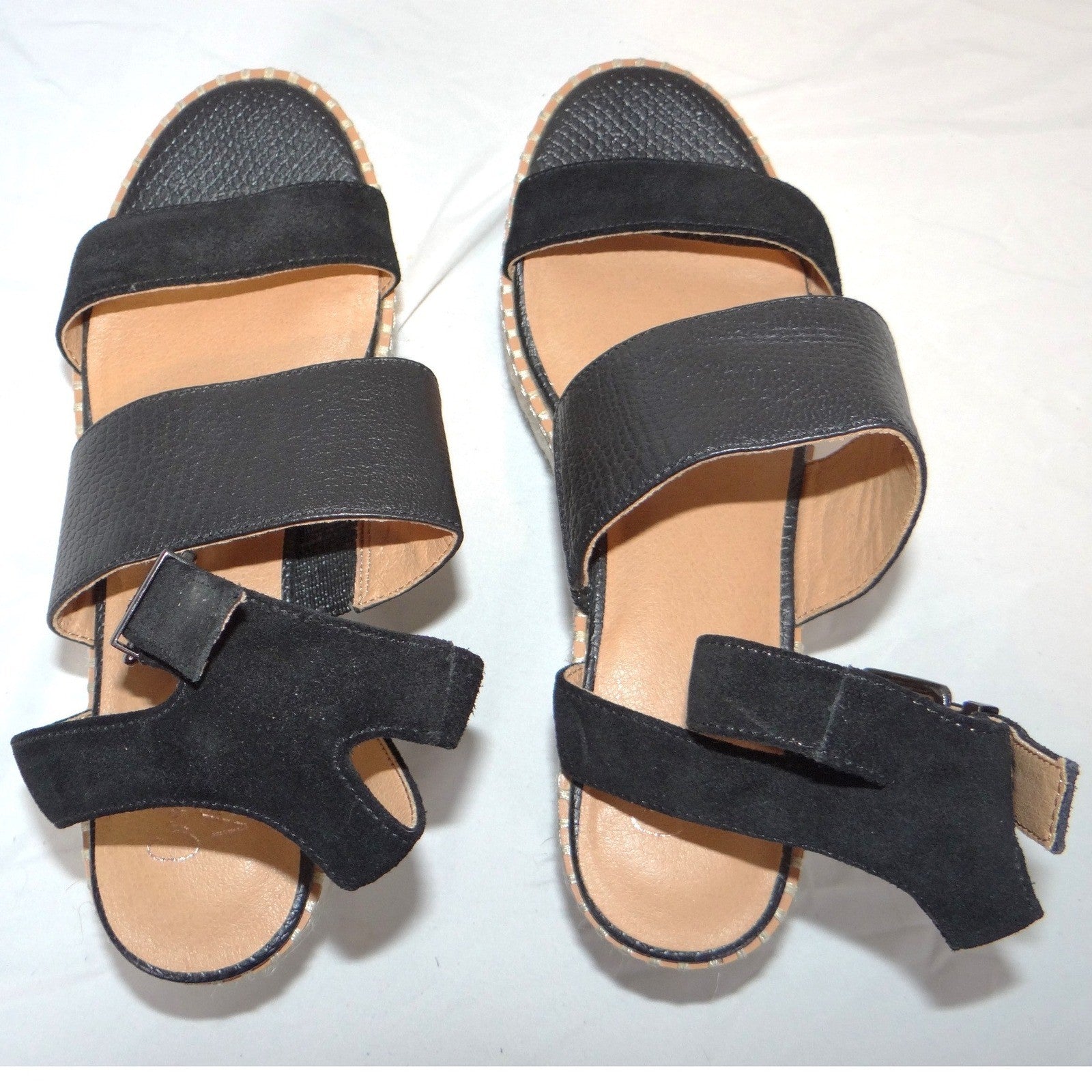 Crown Vintage Daylen Black Leather Espadrille Platform Wedge Sandals Womens 7.5