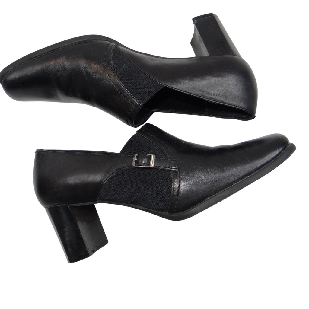 Liz Baker Black Leather Ankle Booties Block Heel Buckle Slip On Women 7.5 M B