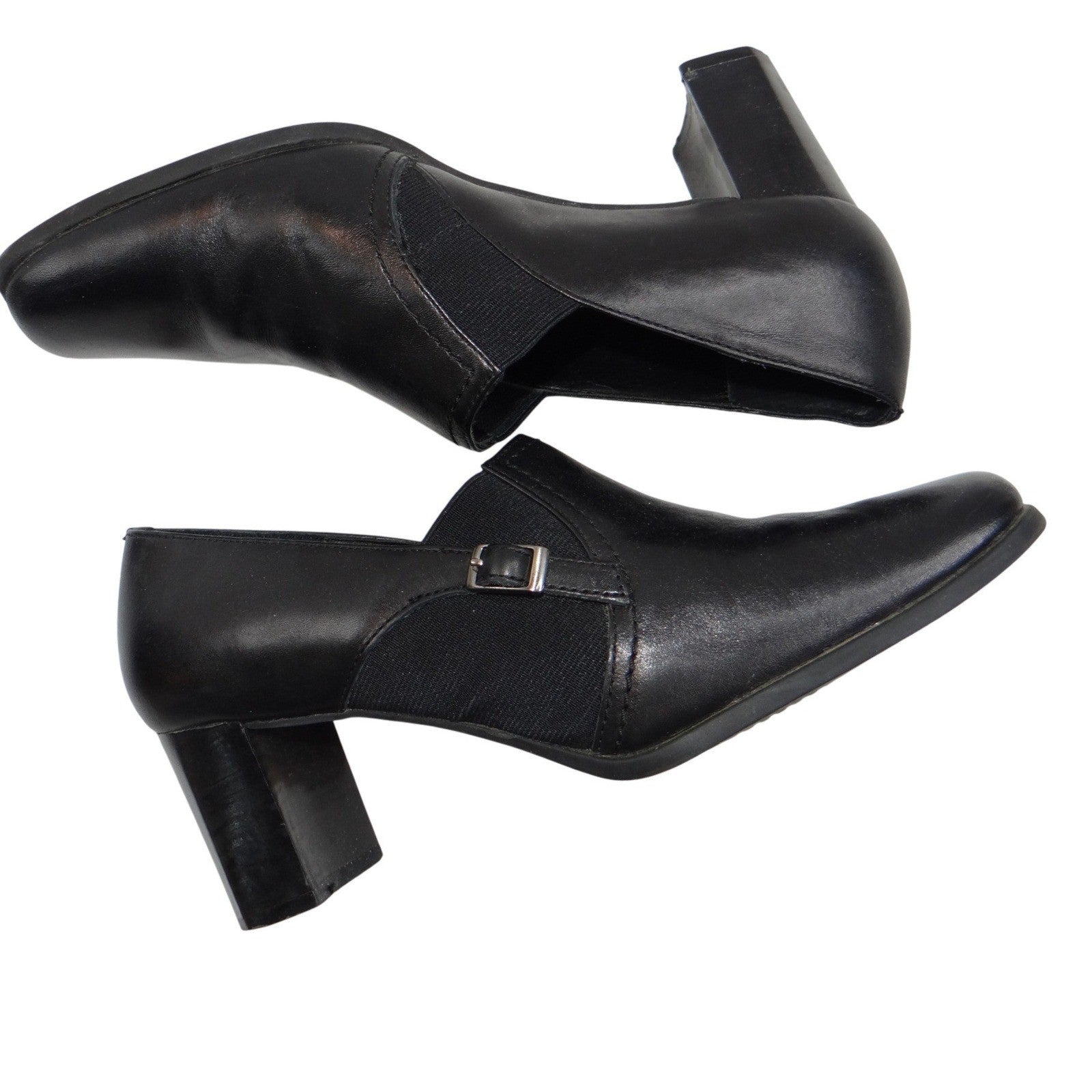 Liz Baker Black Leather Ankle Booties Block Heel Buckle Slip On Women 7.5 M B