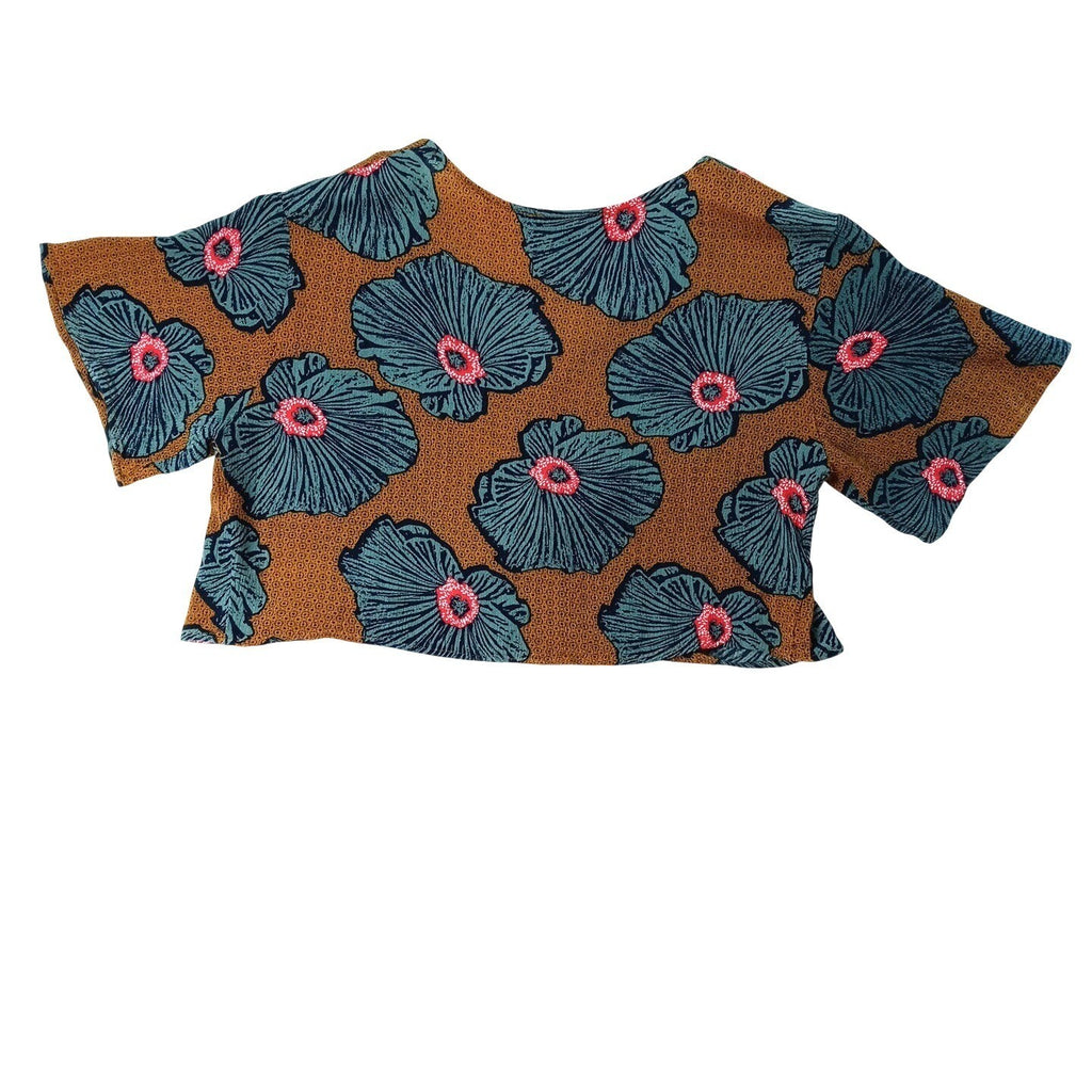 ONE CLOTHING Women's XS Brown Floral Print Tie Front Flutter Sleeve Crop Top