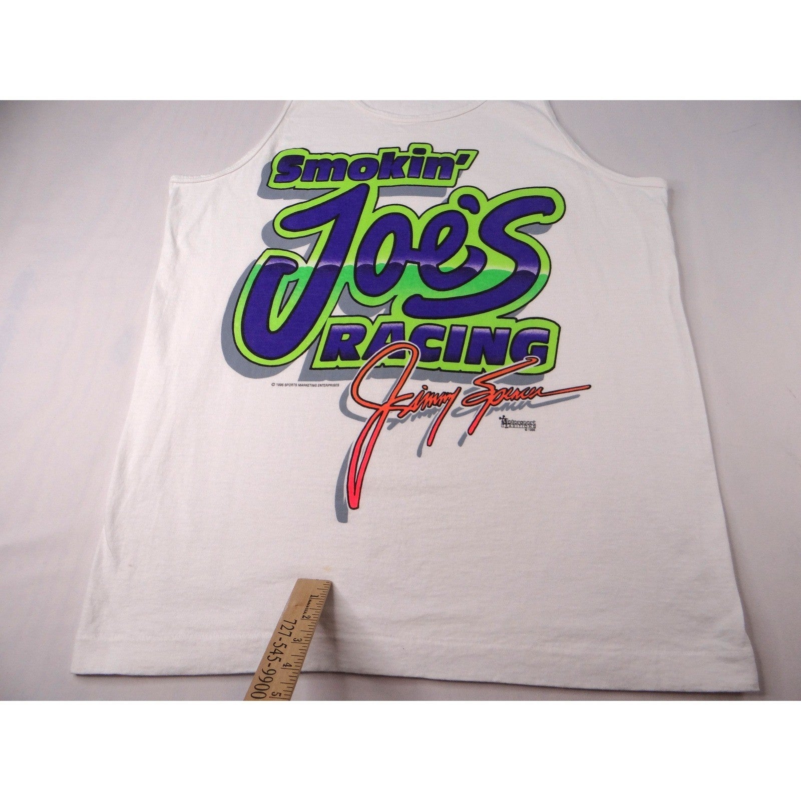 Vintage Smokin Joes Racing tank top featuring Jimmy Spencer graphics White Neon