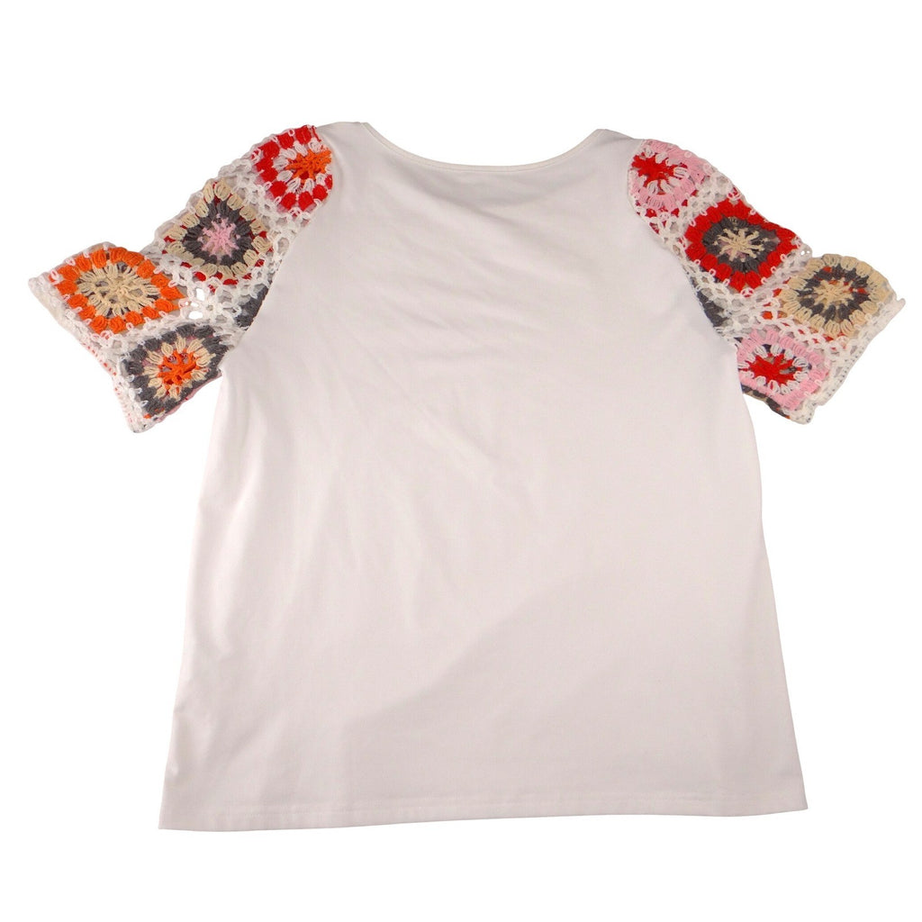 Unbranded White Crochet Granny Square Sleeve Top Womens Size M Short Sleeve Boho
