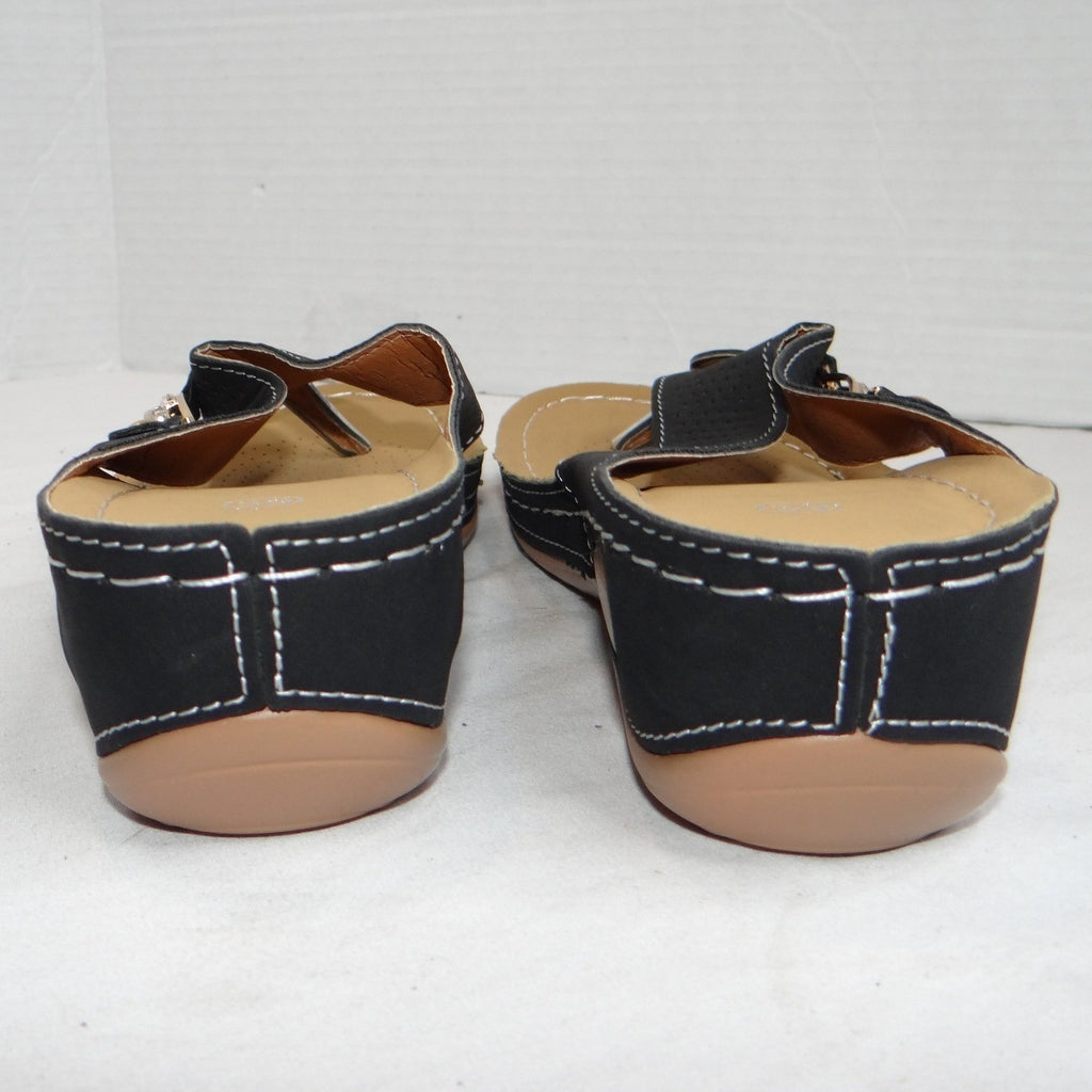 New Womens Black Wedge Thong Sandals Rhinestone Accent Comfort Slip On Size 8.5