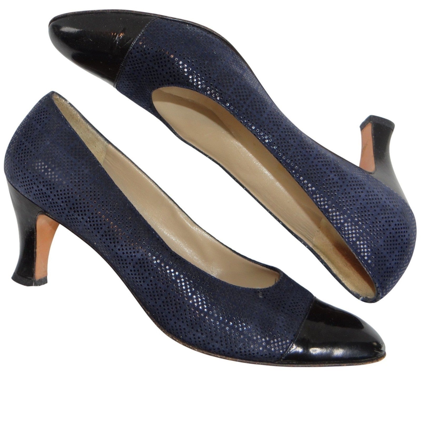 Salvatore Ferragamo Navy Suede Cap Toe Block Heel Pumps Shoes Womens Size 9 AA