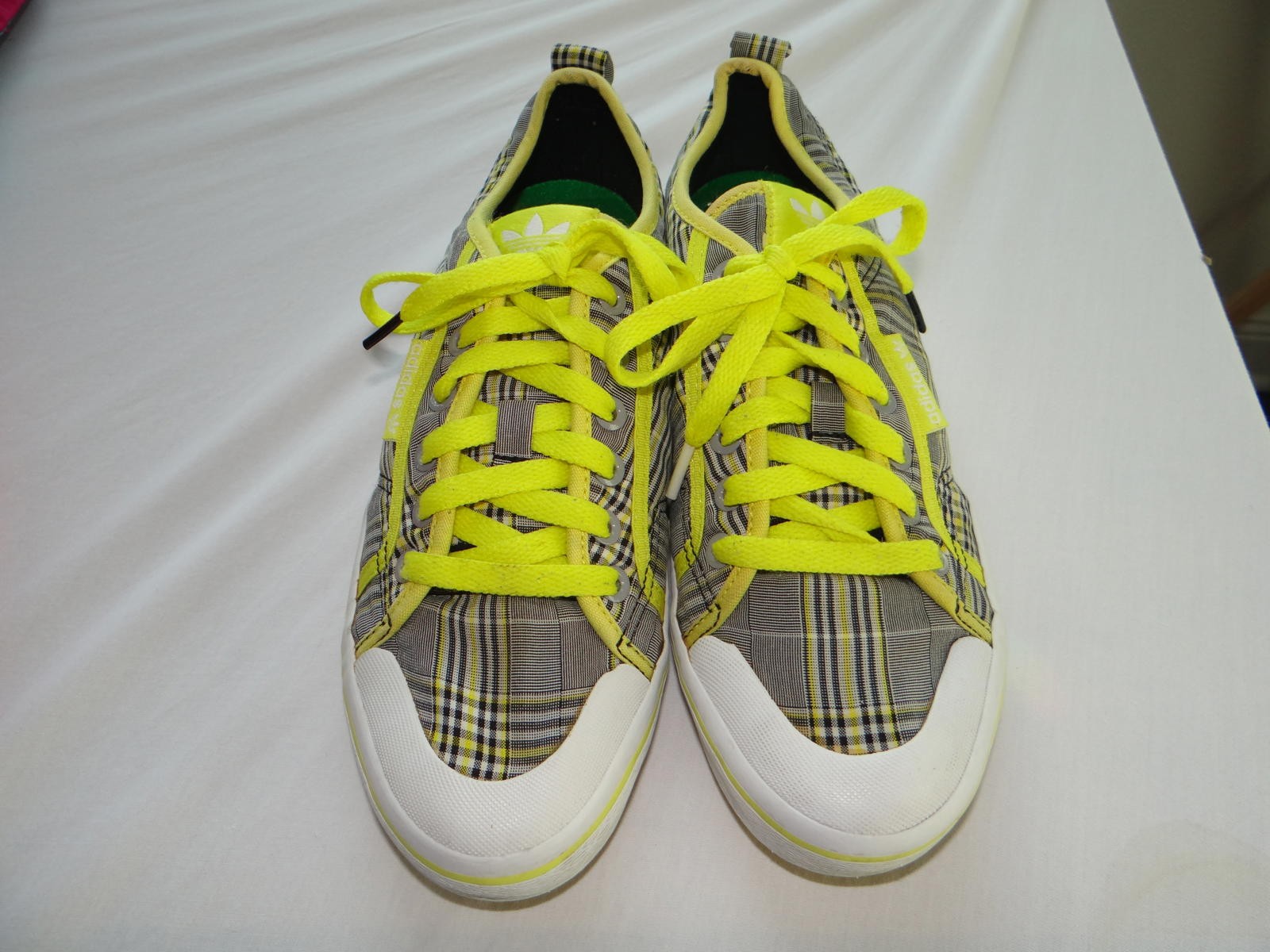 Adidas Plaid Sneakers with Neon Yellow Accents