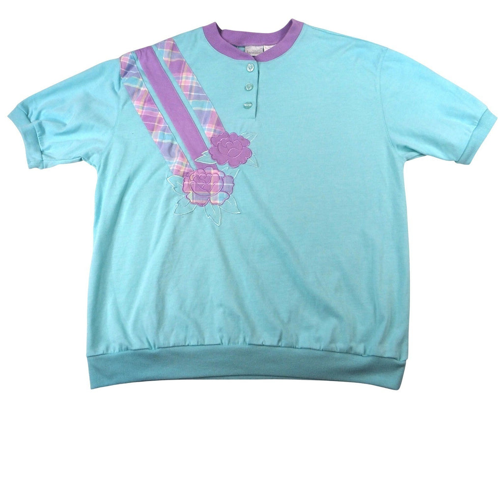 Vintage Jantzen Womens Turquoise Purple Plaid Rose Button Up T Shirt Top XL