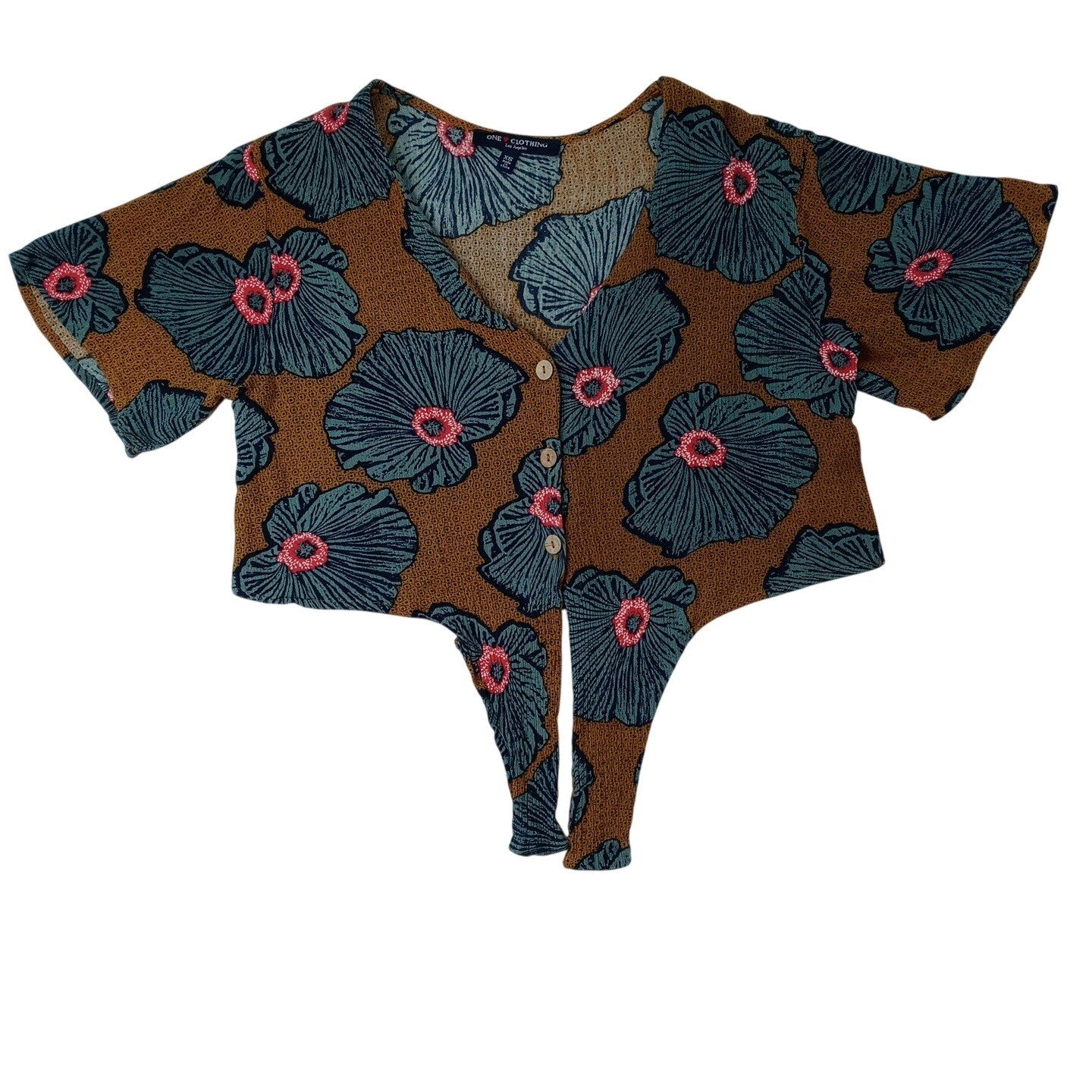ONE CLOTHING Women's XS Brown Floral Print Tie Front Flutter Sleeve Crop Top