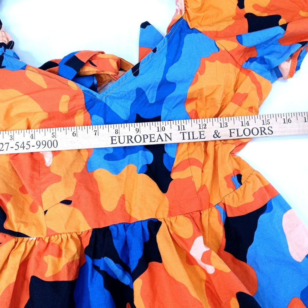 Bold Floral Print Midi Dress Orange Blue Black Puff Sleeve Square Neck