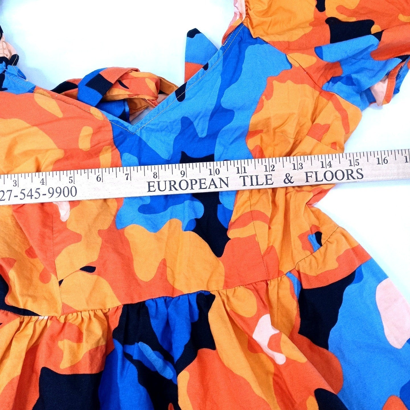 Bold Floral Print Midi Dress Orange Blue Black Puff Sleeve Square Neck
