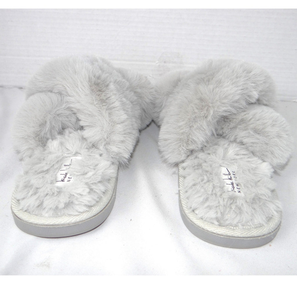 Nicole Miller New York Womens Faux Fur Criss Cross Slippers Grey Size M 6.5-7.5