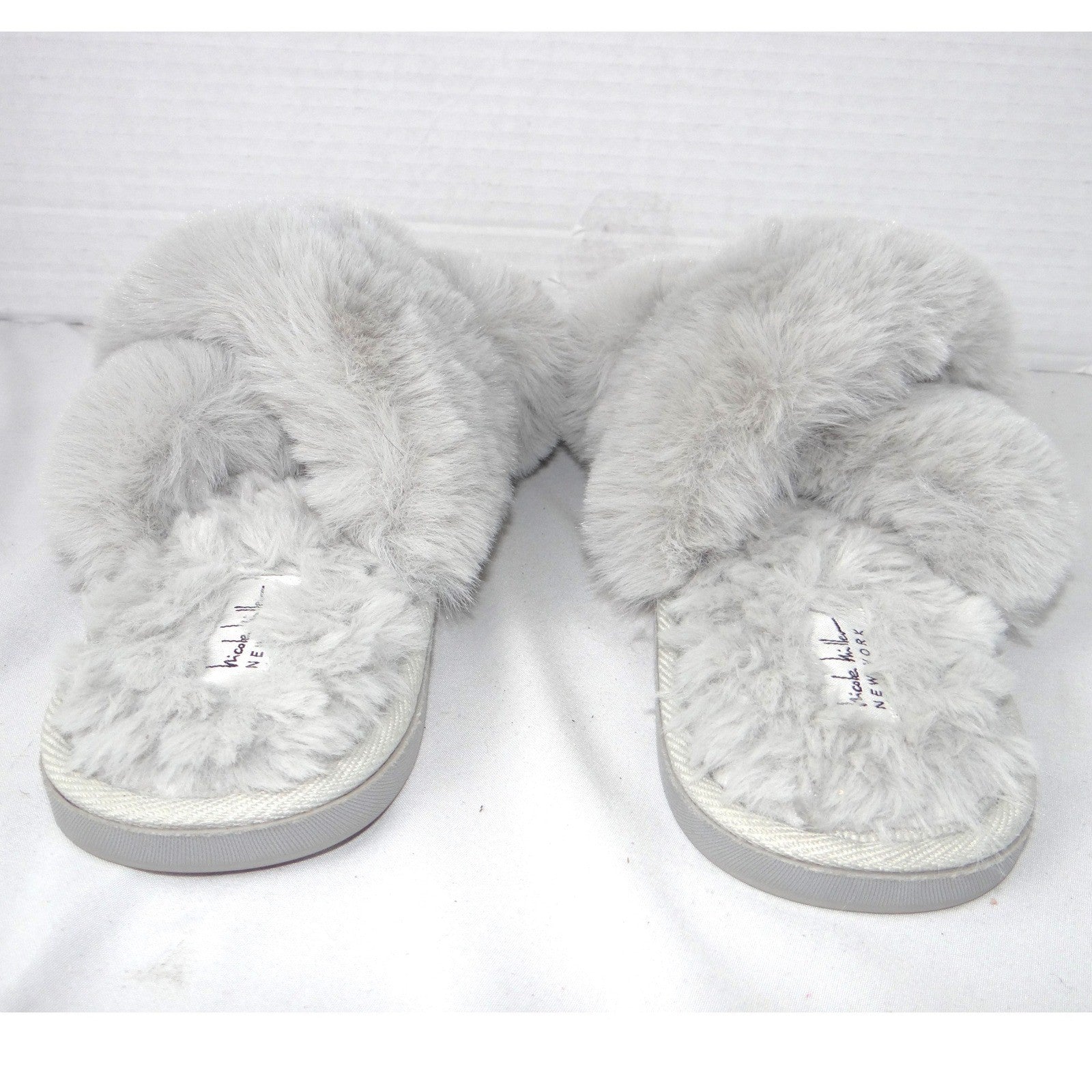 Nicole Miller New York Womens Faux Fur Criss Cross Slippers Grey Size M 6.5-7.5
