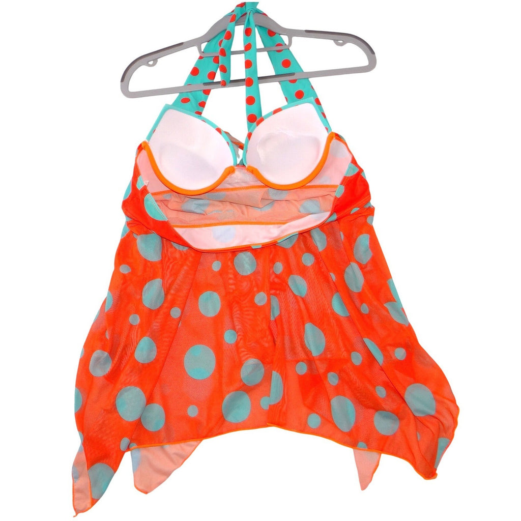 Orange Turquoise Polka Dot Halter Swim Dress Padded Mesh Handkerchief Hem Large