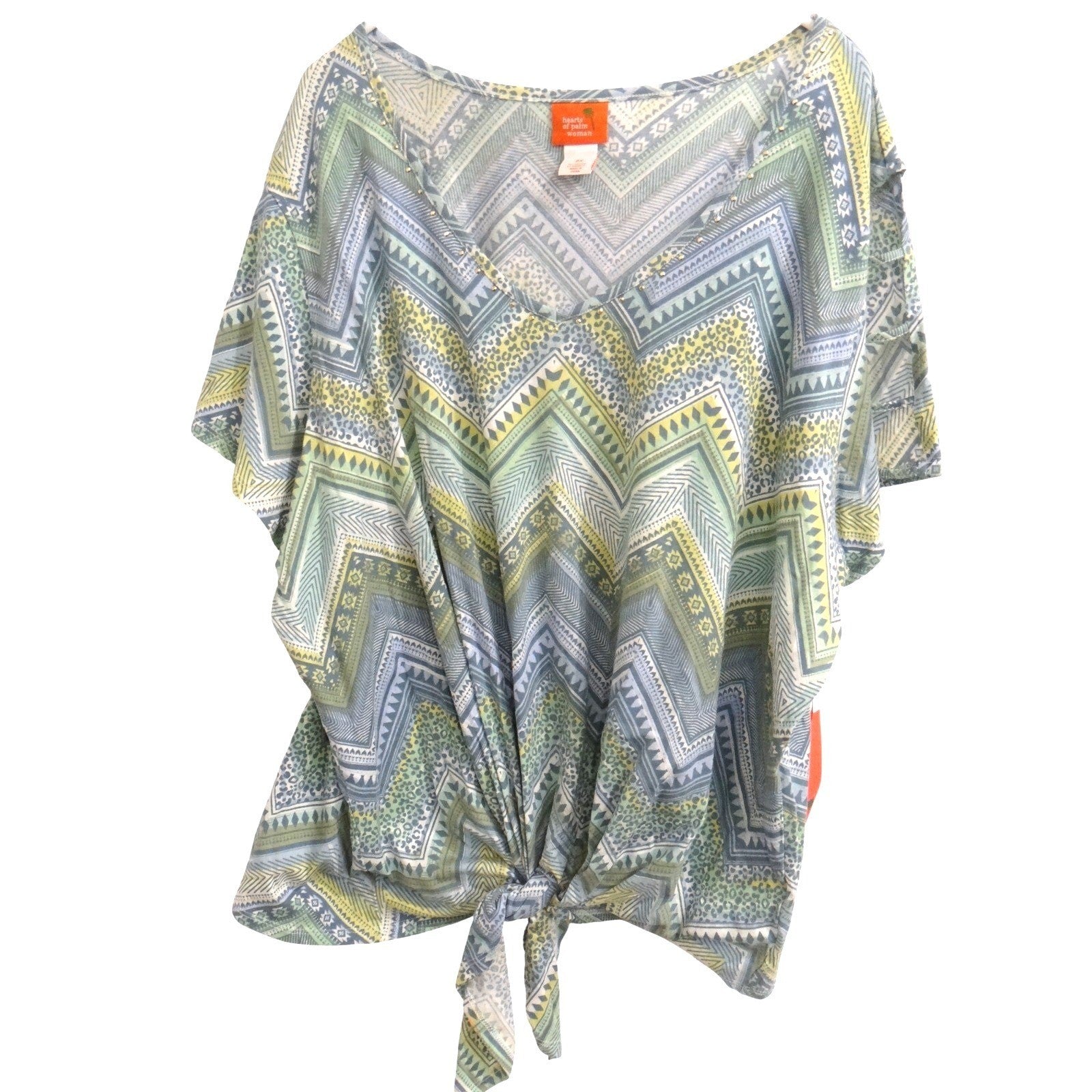 Hearts of Palm Woman Island Treasures 2018 Print V Neck Tie Front Blouse 3X