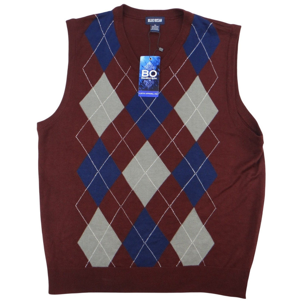 NWT-Blue Ocean Mens Burgundy Argyle V Neck Sweater Vest XL Acrylic Sleeveless
