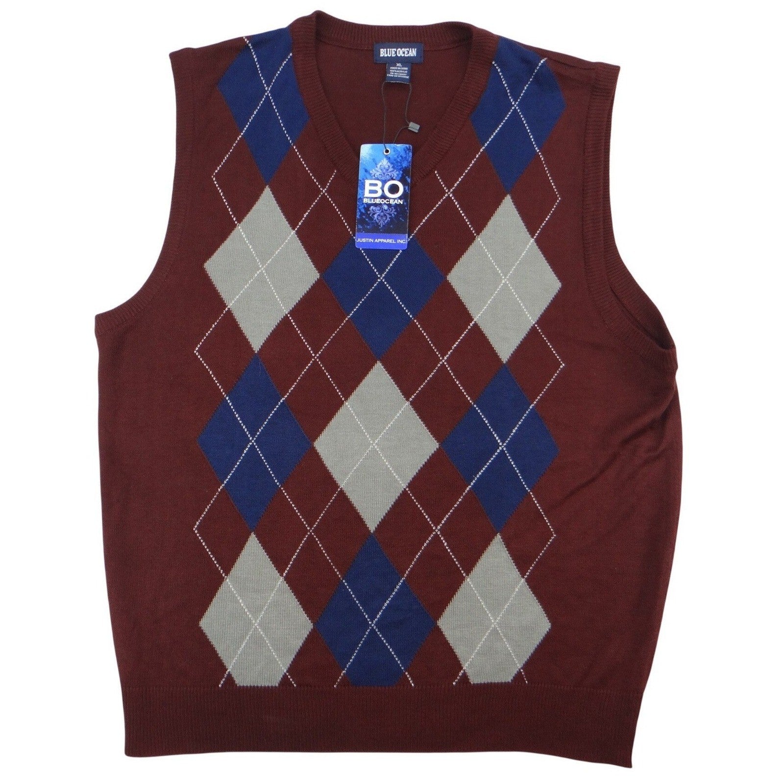 NWT-Blue Ocean Mens Burgundy Argyle V Neck Sweater Vest XL Acrylic Sleeveless