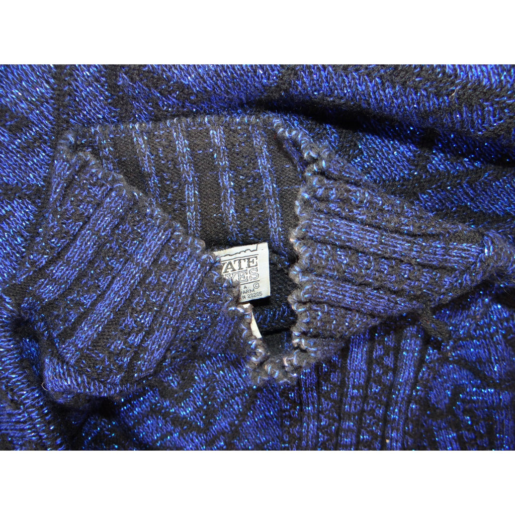 Vintage PRIVATE EYES Sparkle Blue Black Geometric Mock Neck Knit Sweater Women's