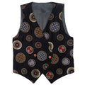 Stunning Vintage Black Velvet Geometric Print Vest with Red Gem Buttons