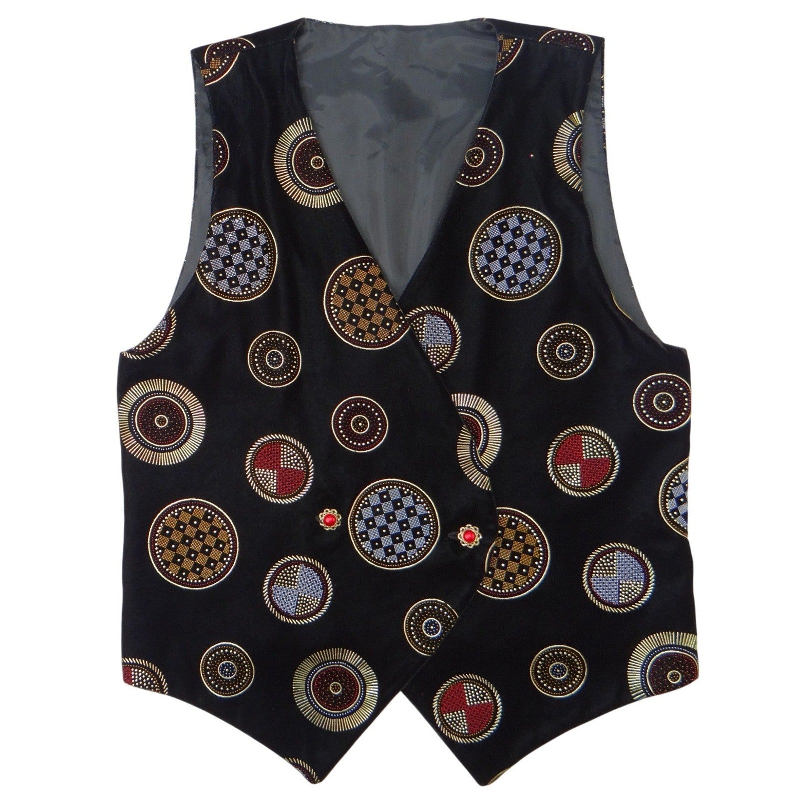 Stunning Vintage Black Velvet Geometric Print Vest with Red Gem Buttons