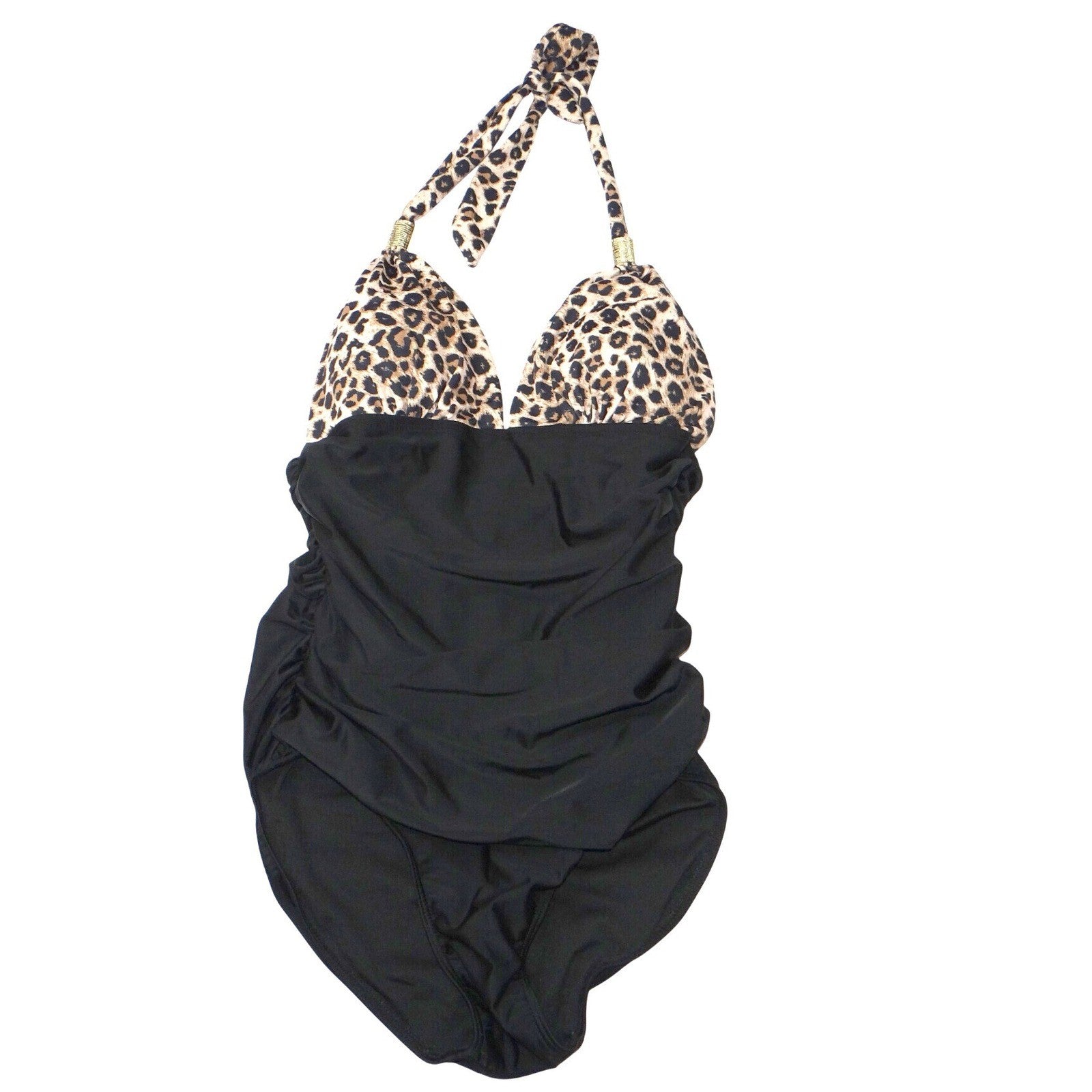 Unbranded Leopard Print Ruched Halter One Piece Swimsuit Black Brown Small