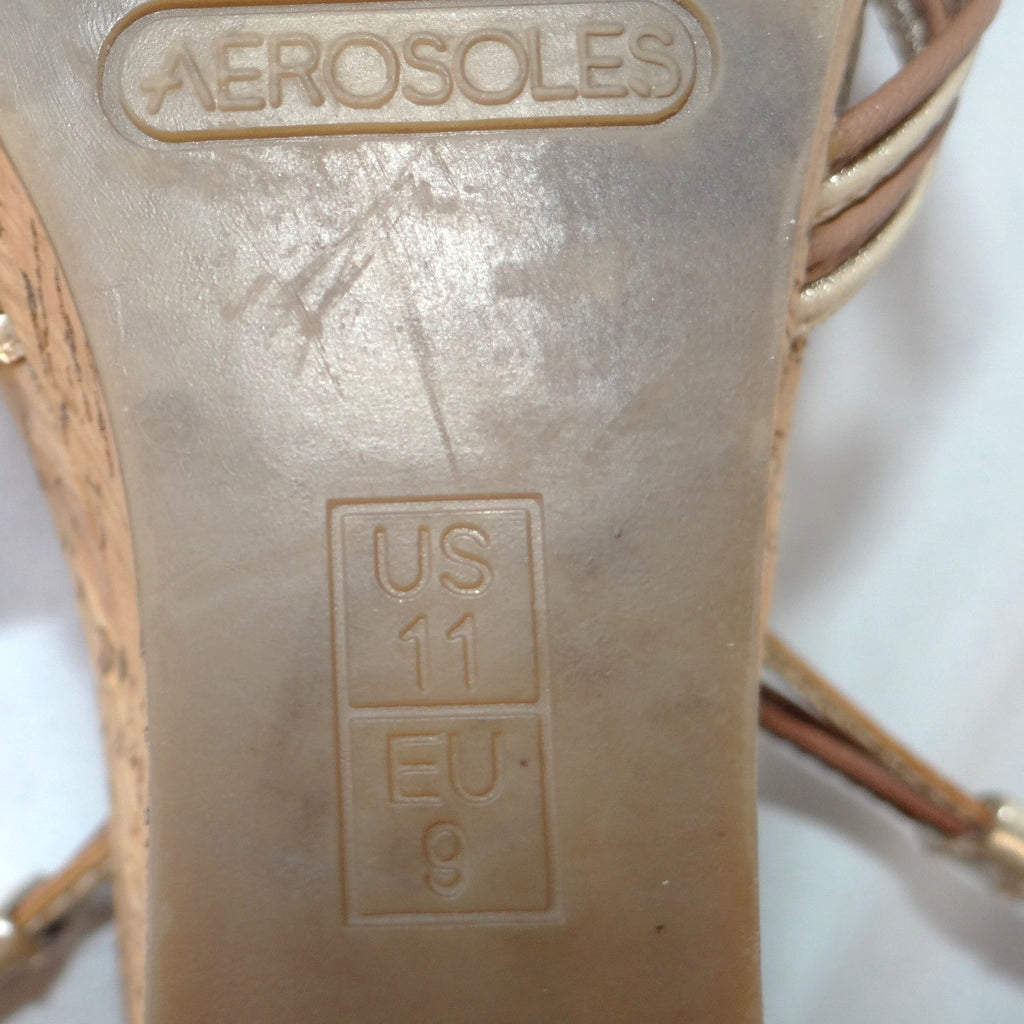 Aerosoles Womens Gold Metallic Strappy Cork Wedge Sandals Size 11