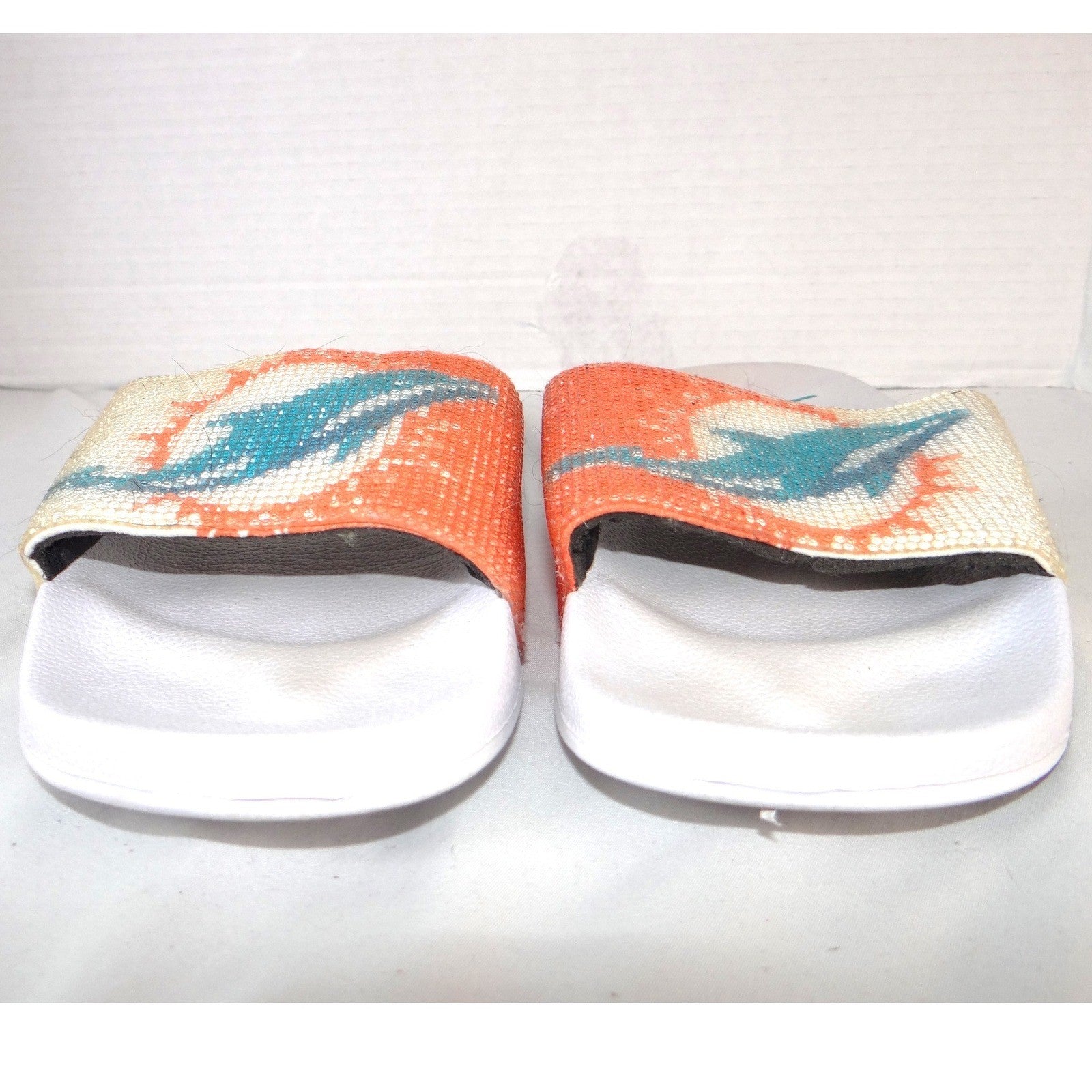Miami Dolphins NFL Women Rhinestone Logo Slide Sandals White Orange Size L