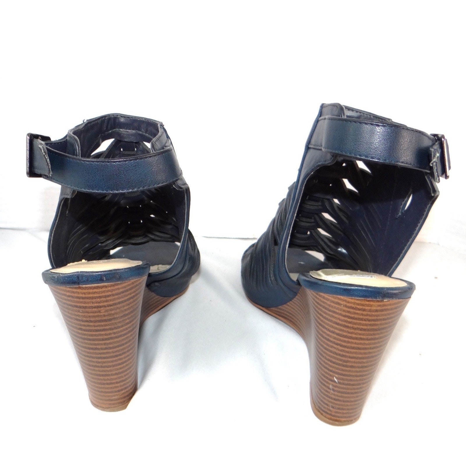 Dollhouse Snaffu Navy Blue Woven Caged Wedge Sandals Womens 10W Open Toe Buckle
