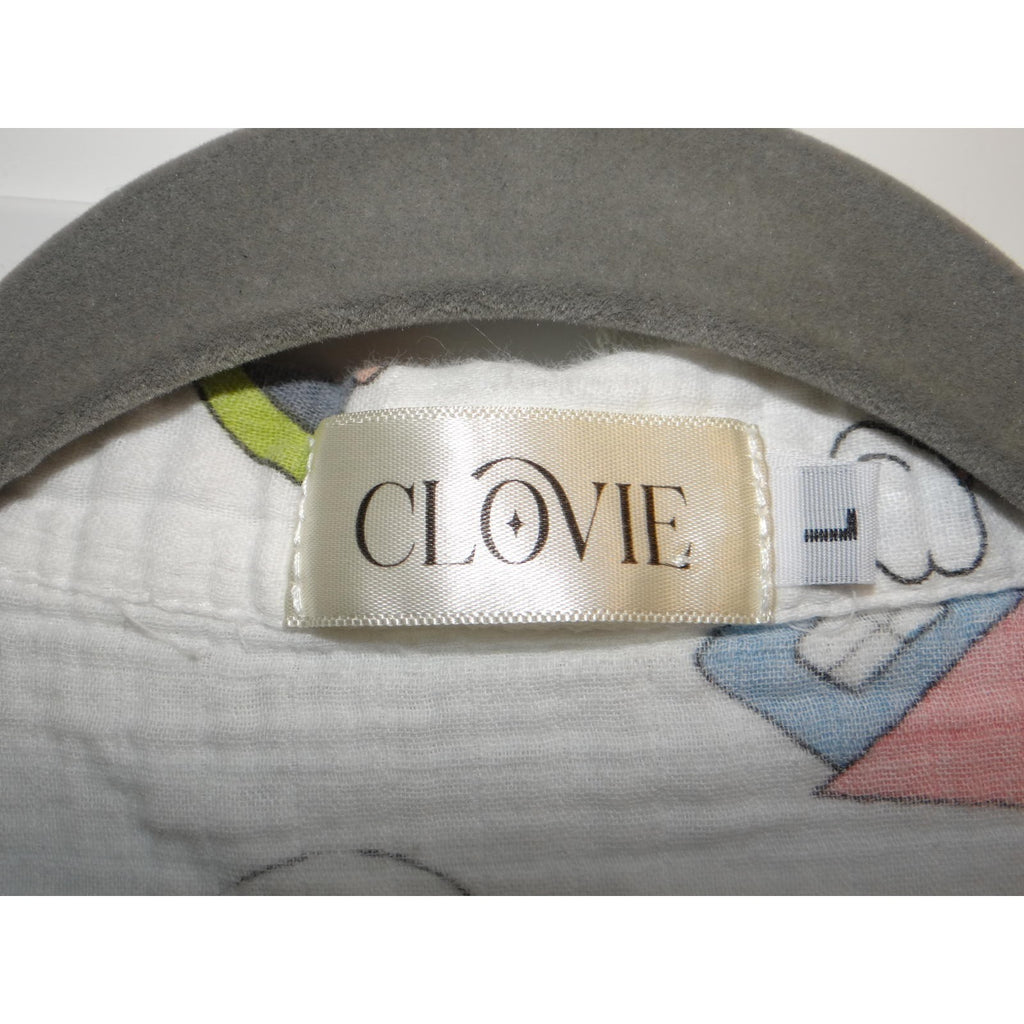 UNIQUE Clovie Cartoon Print Short Sleeve Muslin Shirt