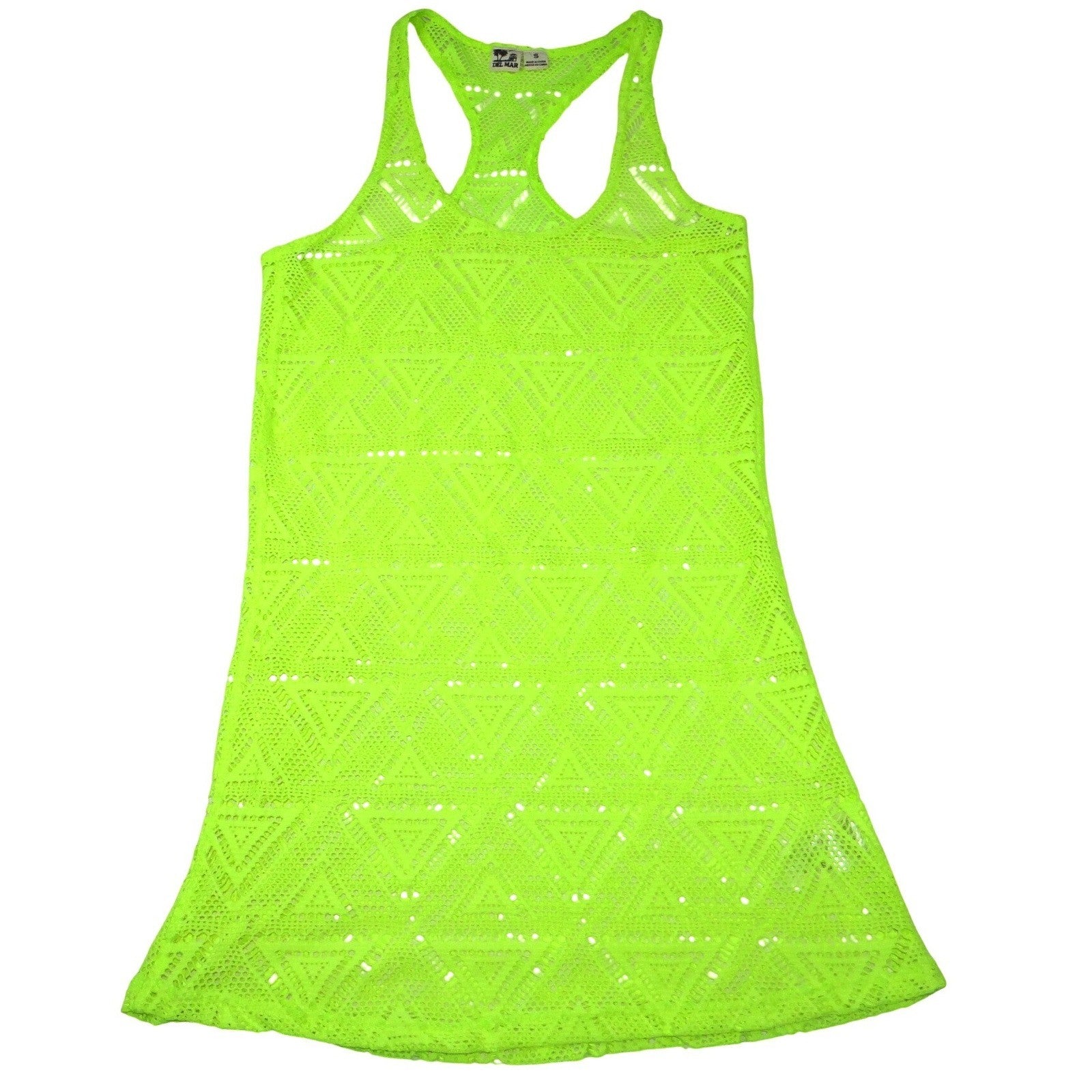 Del Mar Neon Lime Green Crochet Geometric Triangle Swim Cover Up Dress Small