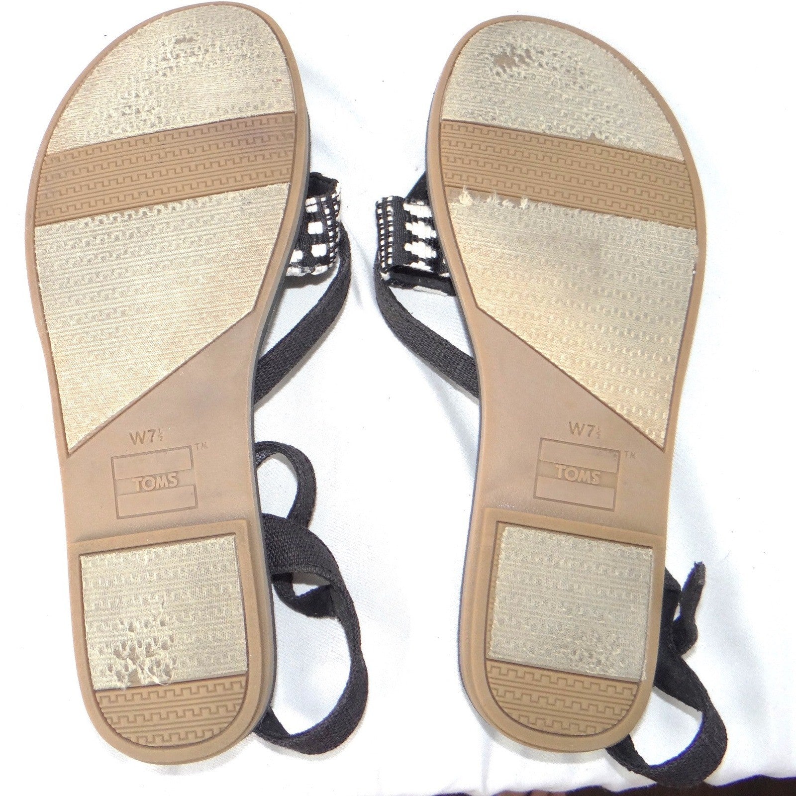 TOMS Lexie Black White Woven Geometric Ankle Strap Flat Sandals Womens 7.5