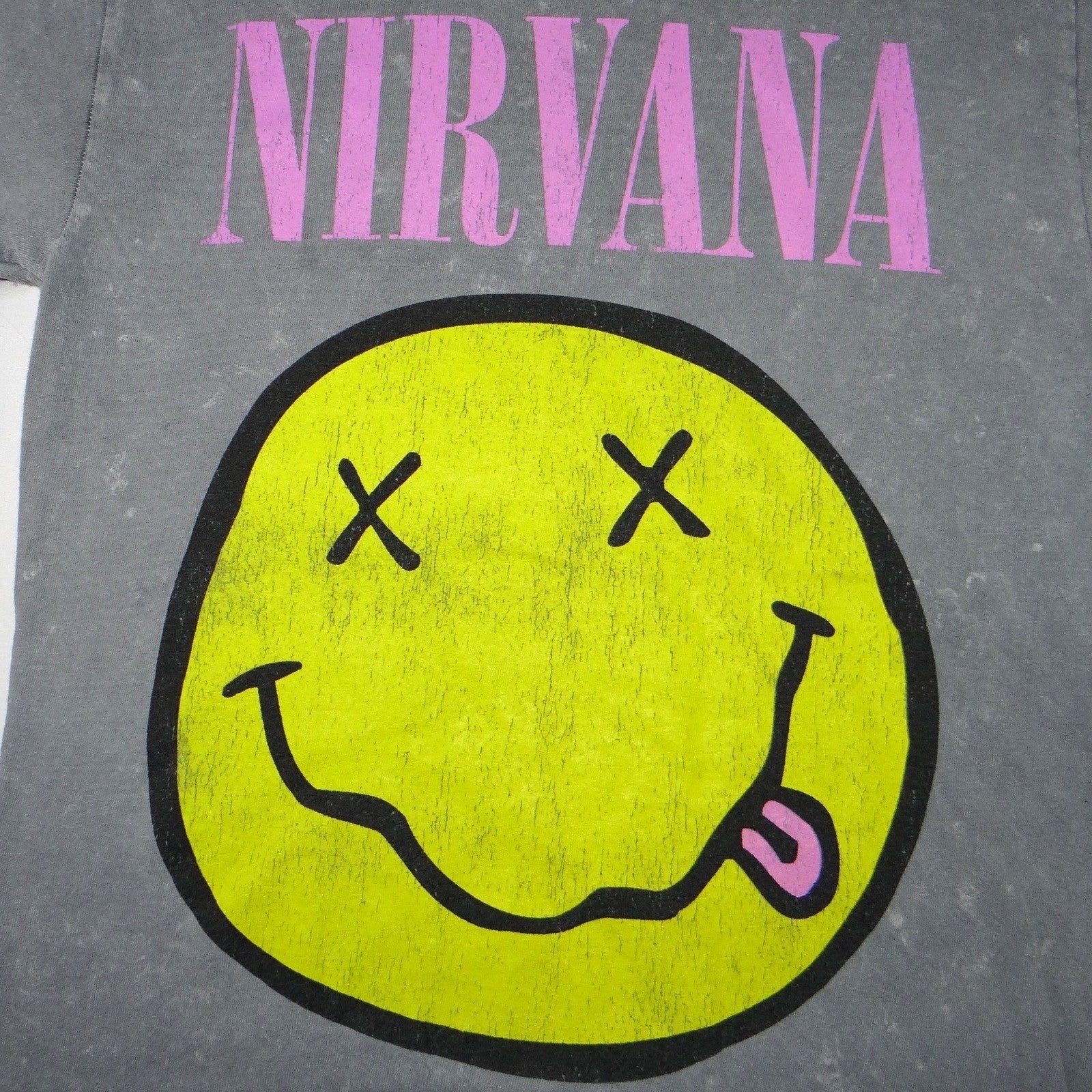 Nirvana Smiley Face T-Shirt Gray Acid Wash Graphic Tee Size S