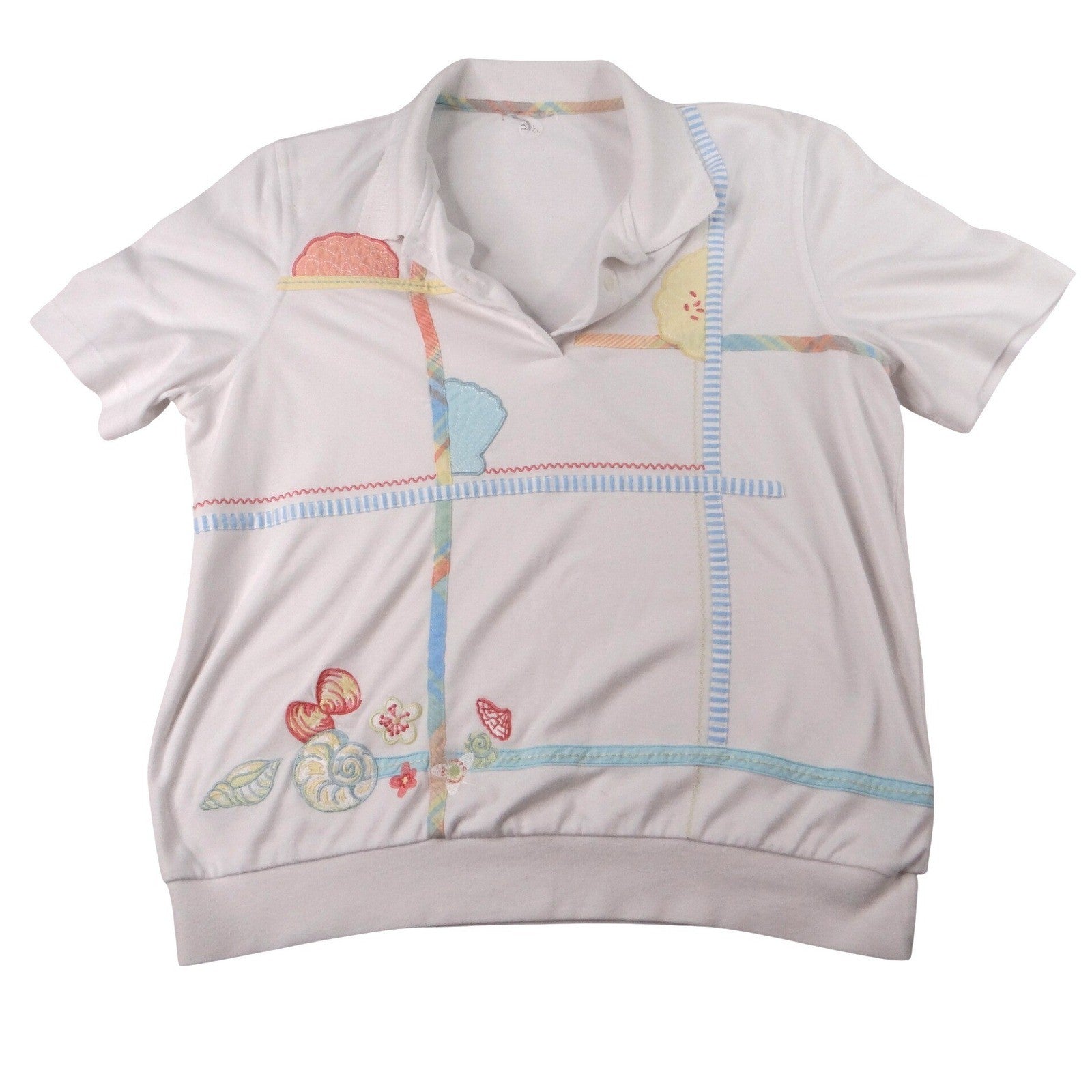 Vintage White Polo Shirt Colorful Geometric Print Women's Size Medium