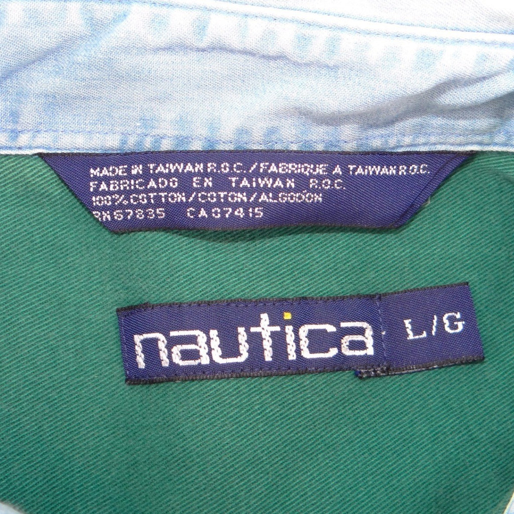 Vintage Nautica 90s Mens Green Cotton Twill Denim Collar Button Down Shirt L