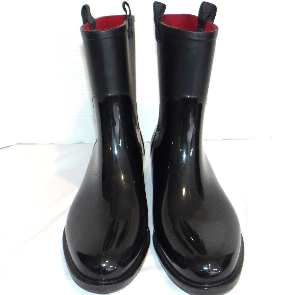 Tommy Hilfiger Khristie Black Boots Women 10M Glossy Matte Mid Calf Waterproof