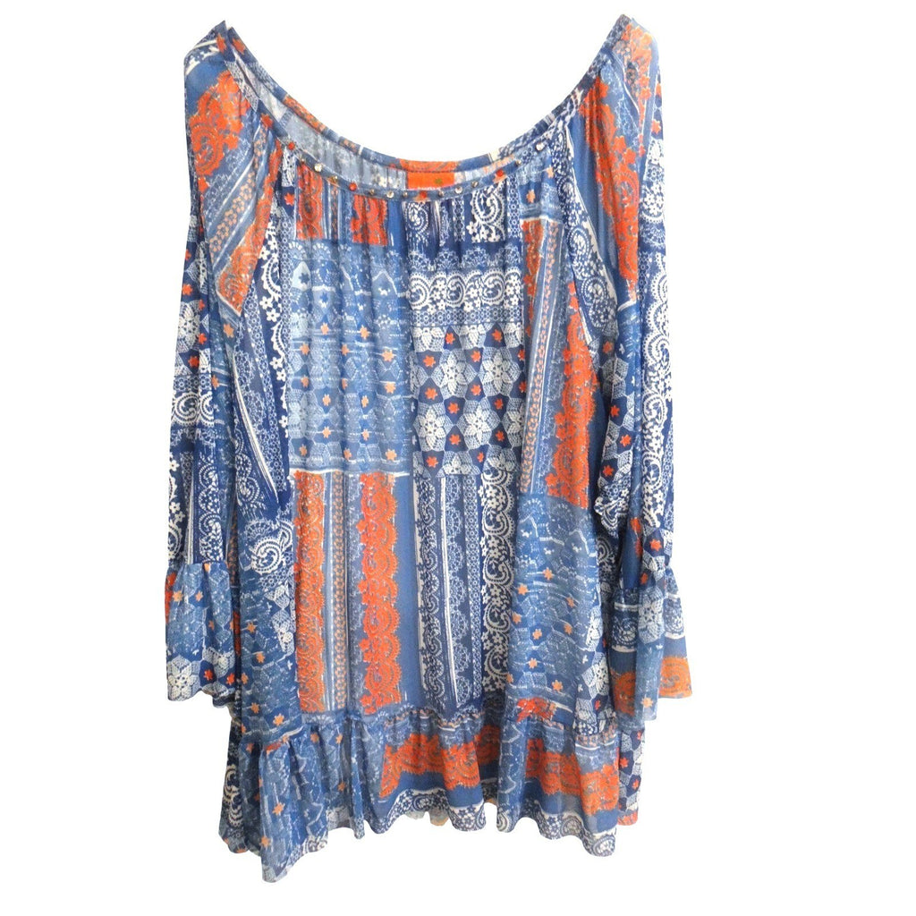 Hearts of Palm Woman Plus Size 3X Patchwork Print Beaded Neckline Tunic Top