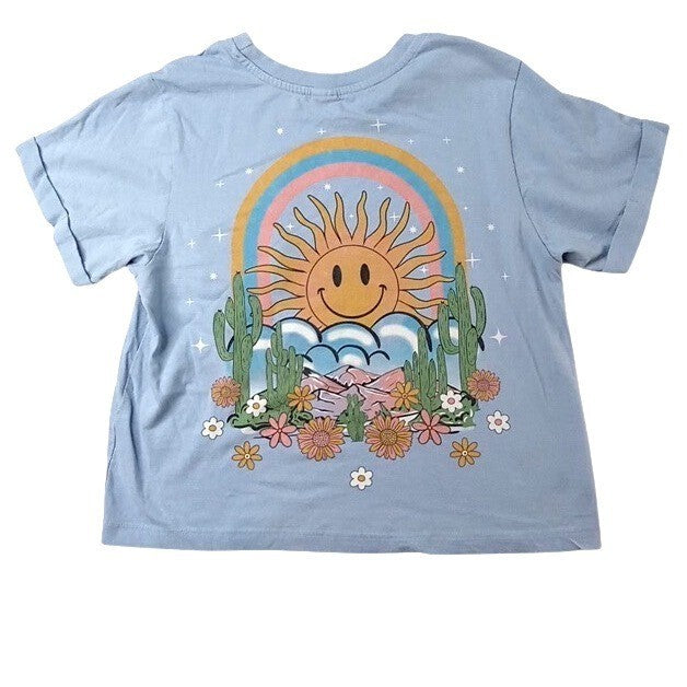 Coastal Dreamer Smiley Sun Pocket Graphic T Shirt Blue Size Small Short Crop