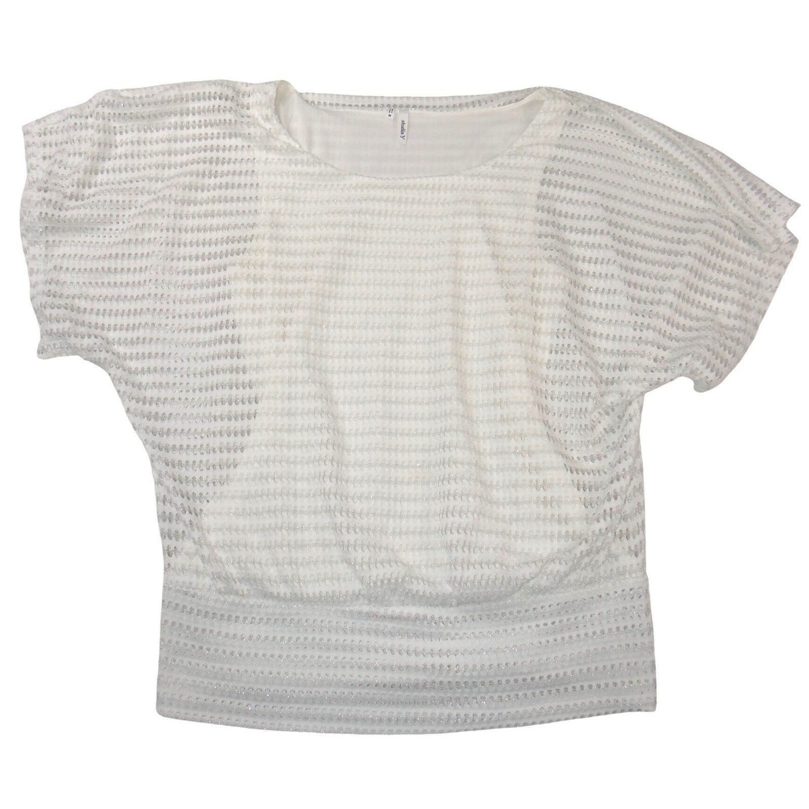 Studio Y Womens White Silver Mesh Dolman Sleeve Banded Hem Blouse Size M