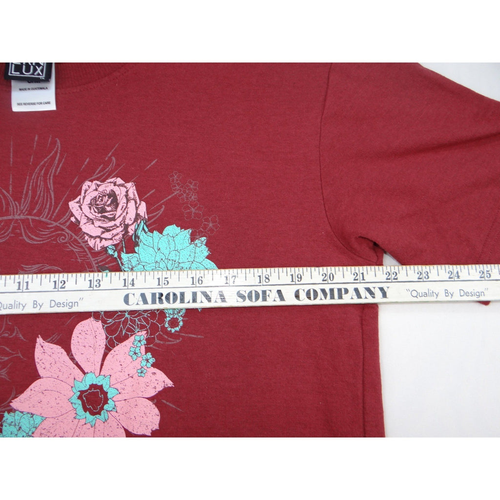 Modern Lux Sun Floral Graphic T Shirt Burgundy Cotton Poly Blend S M