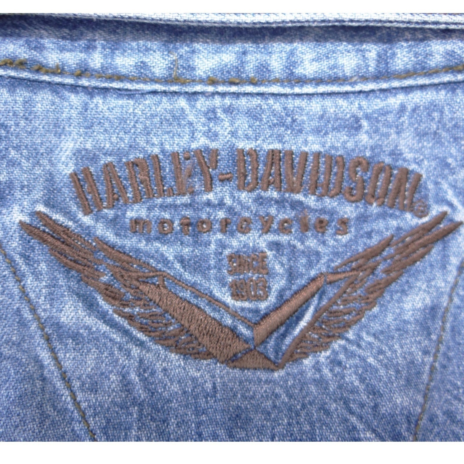 Harley Davidson Mens Blue Denim Long Sleeve Button Up Shirt Embroidered Logo