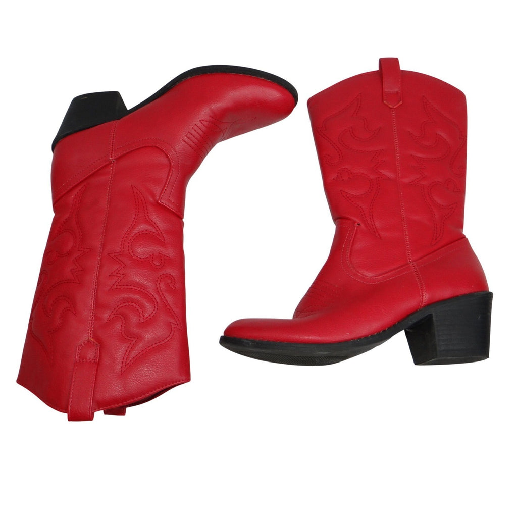 Red Faux Leather Cowgirl Boots Women's Size 6M US Embroidered Chunky Heel