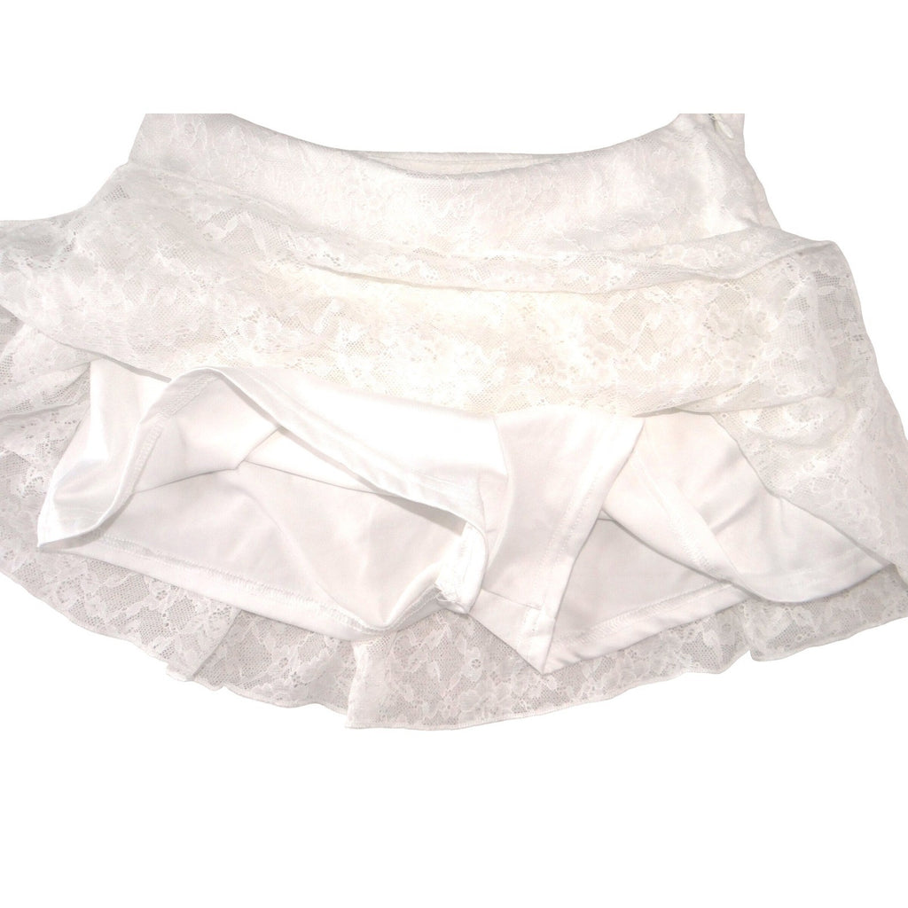 Womens White Floral Lace Tiered Ruffle Skort Side Zip Mini Skirt Shorts