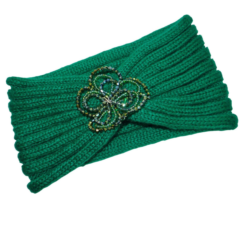 CC Exclusives Green Knitted Turban Headband Beaded Flower Embellishment