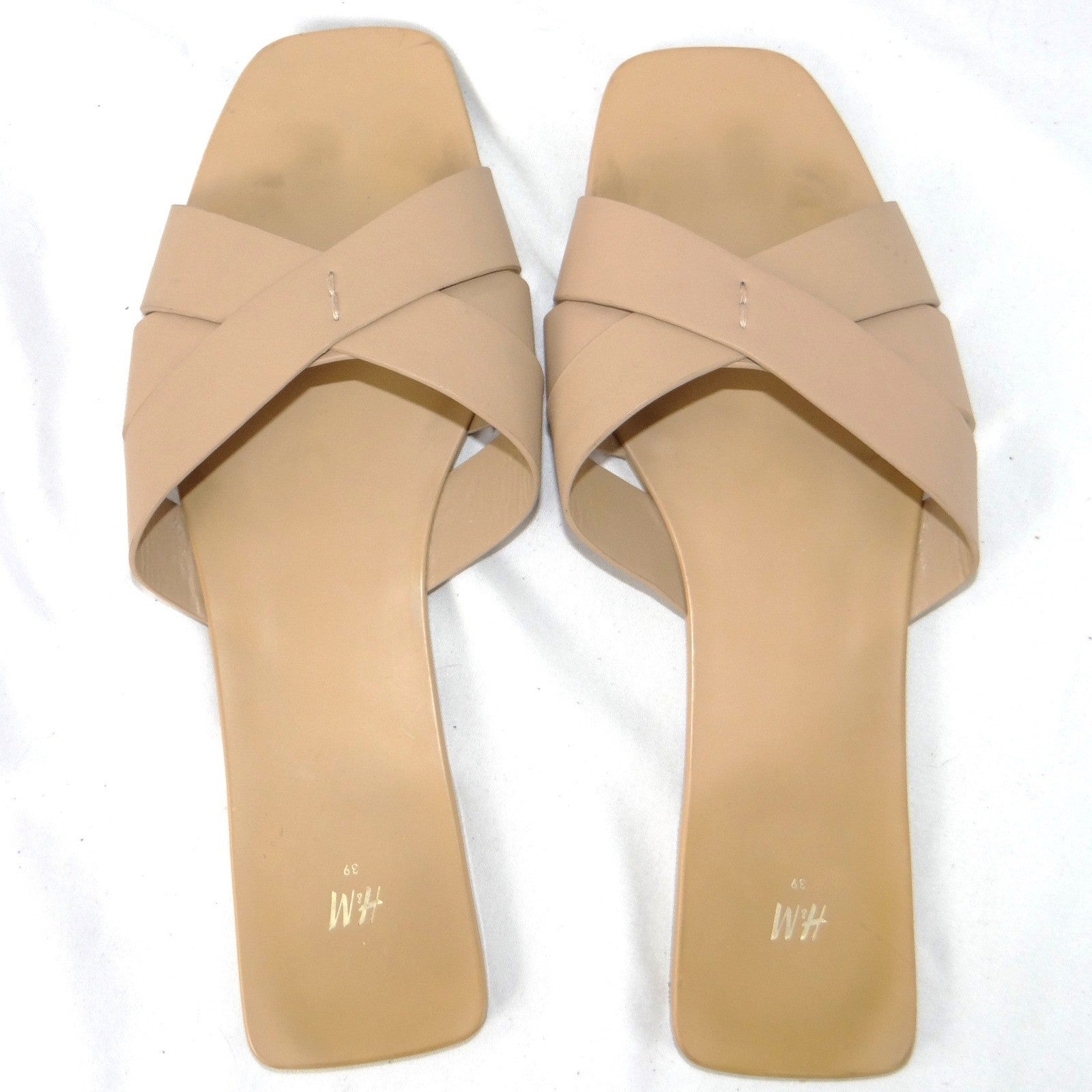 HM Womens Beige Square Toe Crisscross Strap Flat Slide Sandals Size 39 2374