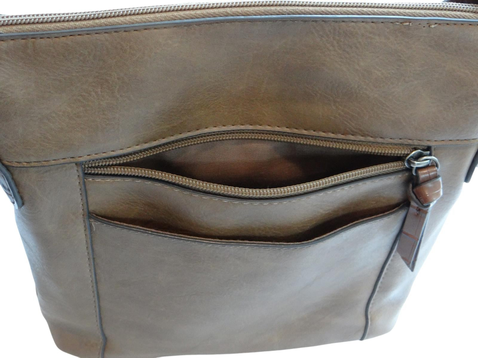 Brown Leather Women's Crossbody Bag with Multiple Zippered Compartments